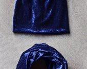 Mėlyno aksomo kepurės bei šalikėlio kompletukas