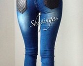 Stilingi džinsai su oda ant kišenių "Colour2"