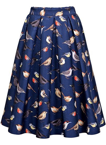 Vintage mėlynas A formos sijonas su paukšteliais