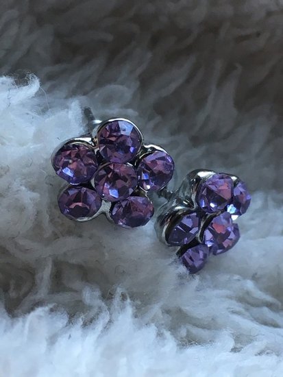 Auskariukai gėlytės su violetiniais kristaliukais