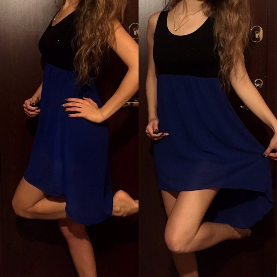 Stilinga mėlyna suknelė su blizgančiu viršumi